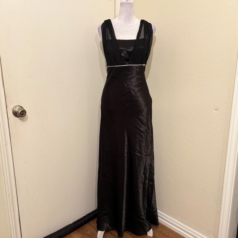 Y2K 90s Vintage Black Satin Chiffon Rhinestone Empire Waist Formal Dress Gown L
